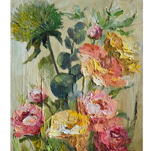 Peinture à l'huile d'hortensias : oeuvre d'art murale botanique, tour vert et rose, 10 x 20 cm