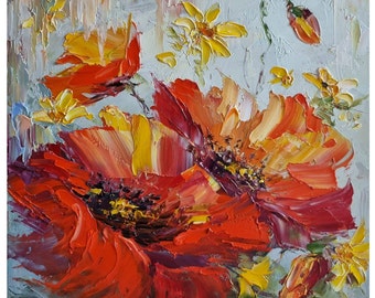 Original Gemälde,Rote Rosen,Blumenstrauß,Blumen Impasto,Oil Impasto,Kleines Gemälde,Blumen Kunst,Kinderzimmer, 20x20 cm