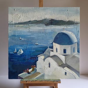 Santorini Greece Oil Painting Abstract Greece Villa Painting Mediterranean Seascape Wall Art 20 by 20 in