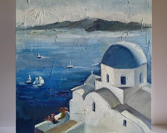 Santorini Greece Oil Painting: Mediterranean Seascape, Abstract Villa Art