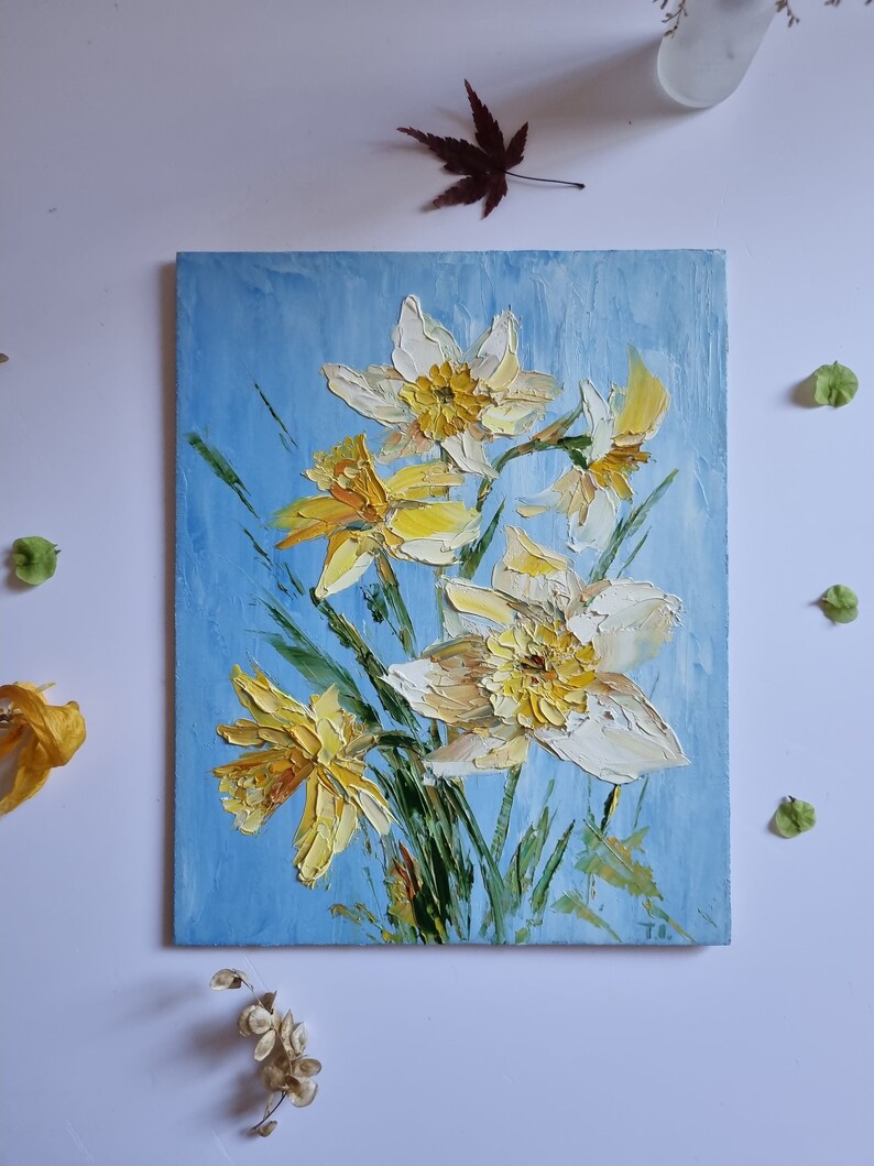 Daffodils Flower Bouquet Oil Painting, Impasto Floral Art (10x8 Inches ...