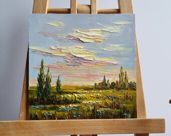 Sunset Tuscany Oil Painting, Italy Landscape, Palette Knife Art (8x8)