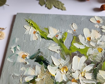 カモミールの油絵：インパストデイジーブーケ、6x6の花の壁アート