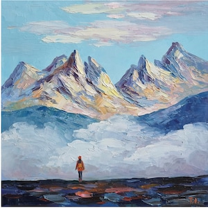 Peinture à l'huile sur les montagnes des Dolomites, art mural paysage italien (10 x 10 pouces)