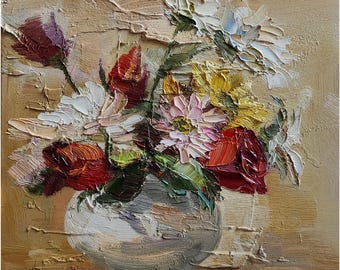 Origineel zomerbloemen olieverfschilderij: paletmes rozenboeket, 8 x 8 in
