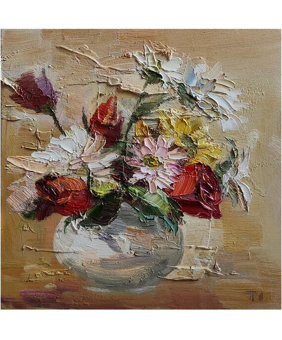 オリジナルの夏の花の油絵：パレットナイフのバラの花束、8 x 8インチ