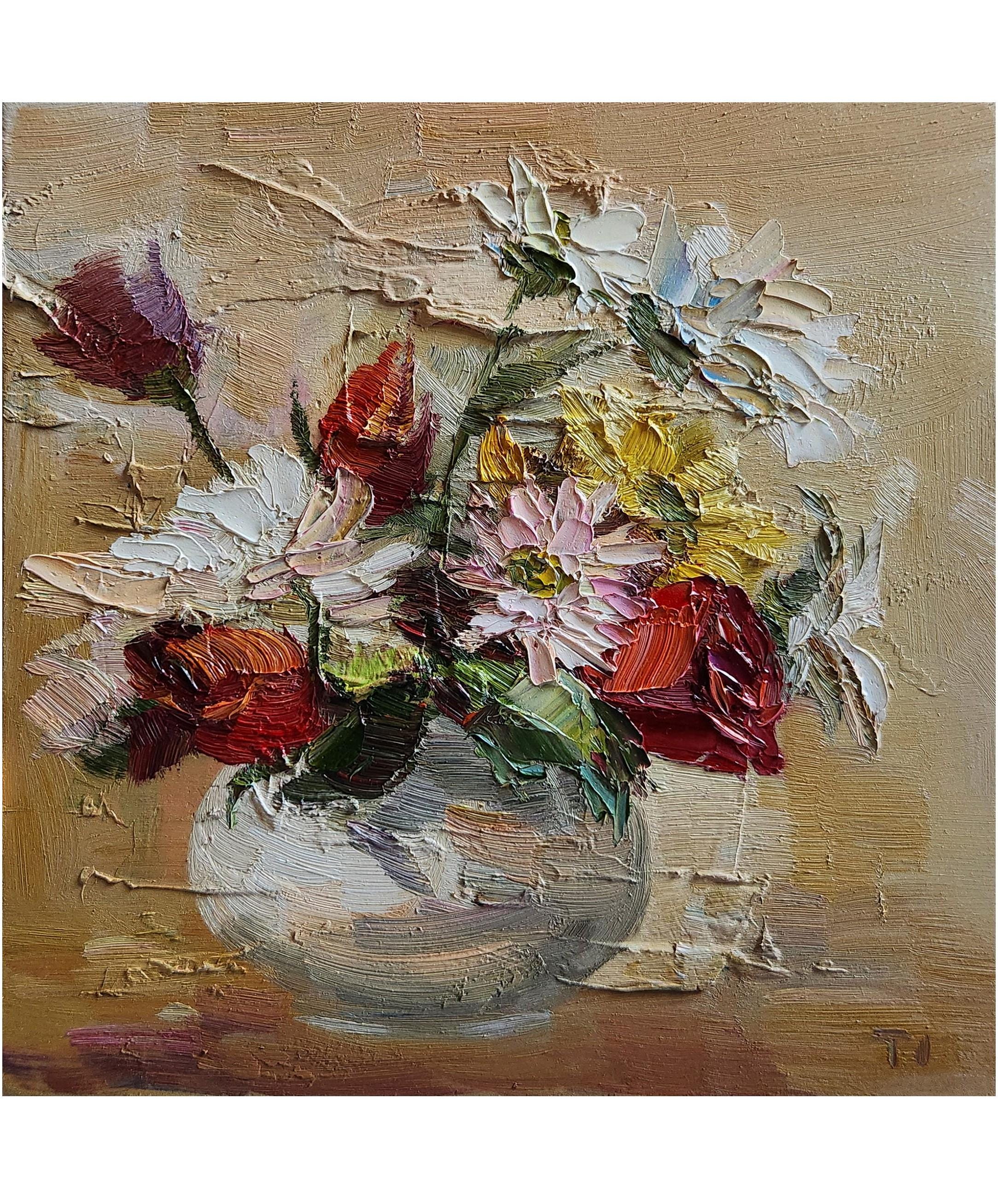 オリジナルの夏の花の油絵：パレットナイフのバラの花束、8 x 8インチ