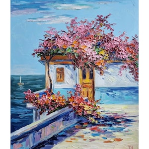 Greece Painting Santorini Painting Mediterranean Painting Mediterranean Art Seascape Painting Wall Art 12 by 10