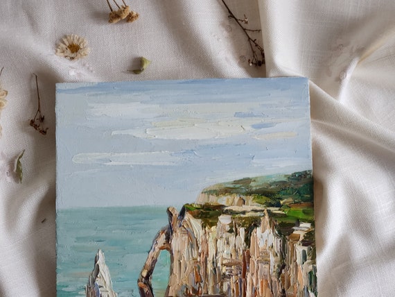 エトルタ ノルマンディー 海景油絵：フランスの崖の芸術（12 x 8インチ