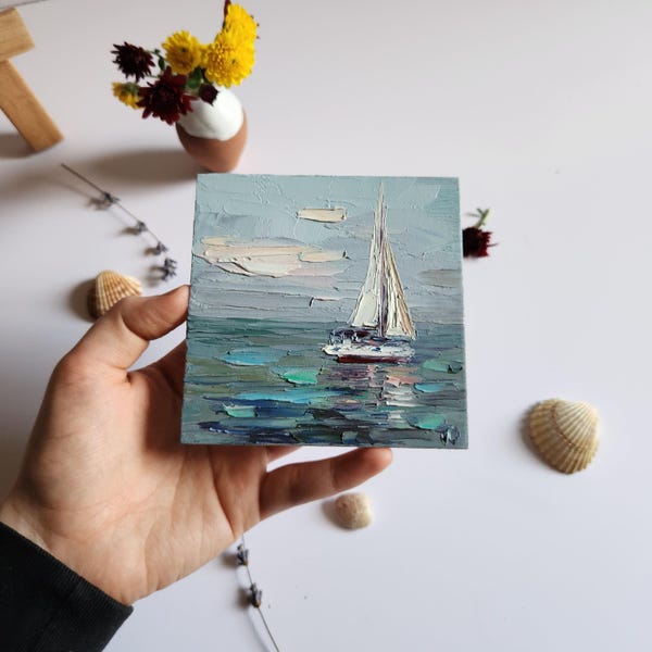 Original Sailboat Oil Painting: Small Impasto Seascape Art