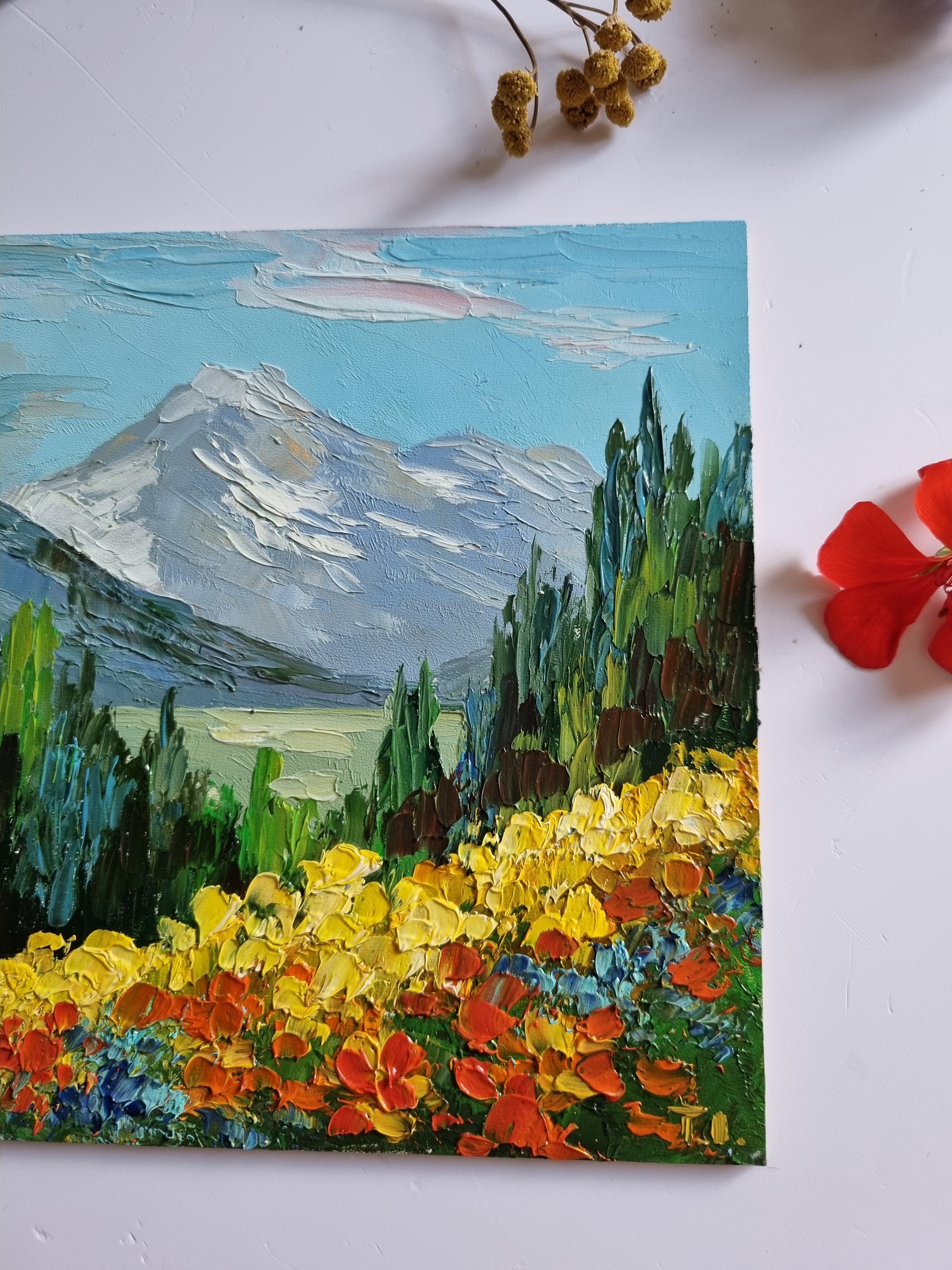 Amazon.co.jp: 絵画 春の山と川の油絵インテリア 絵画 油絵
