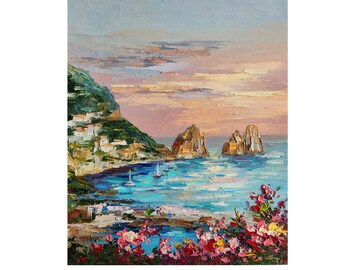 Positano Painting,Sunset Painting,Amalfi Coast,Italy Landscape,,Floral Wall Art,Landscape Painting,Nusery Wall Art,12 by 10 inches