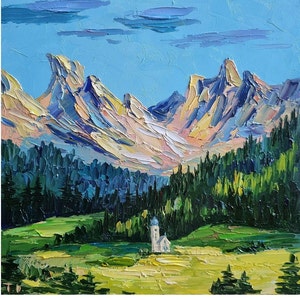 Italian Alps Painting: Palette Knife Mountain Landscape Art (8x8 inches)