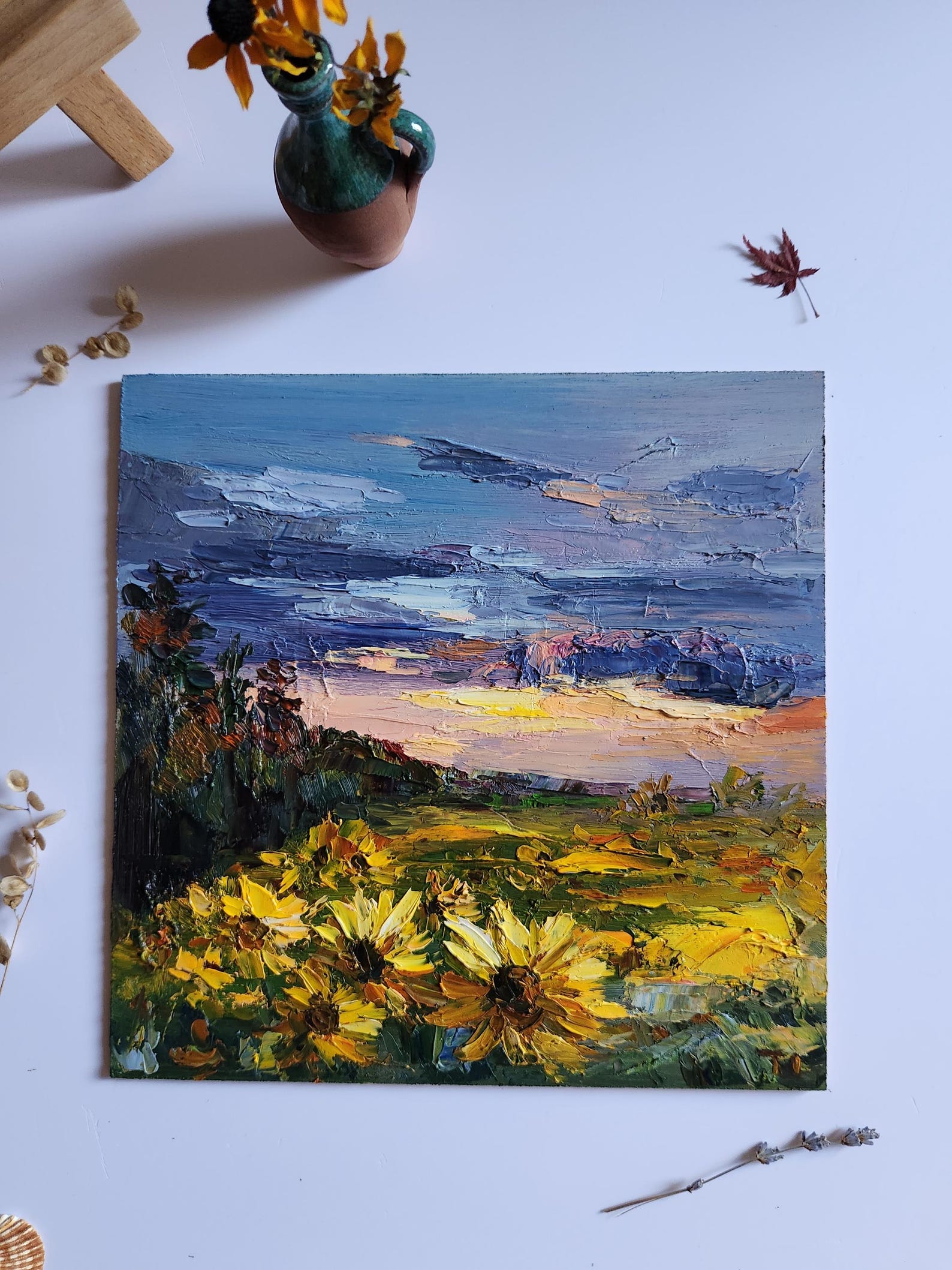 Original Sunflower Field Oil Painting: Impasto Sunset Art (10x10 In) - Etsy