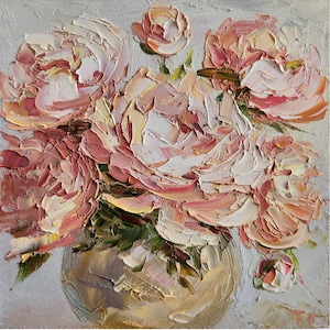 Impasto Pink Peony Oil Painting: Floral Wall Art (6x6 Inches) - Etsy