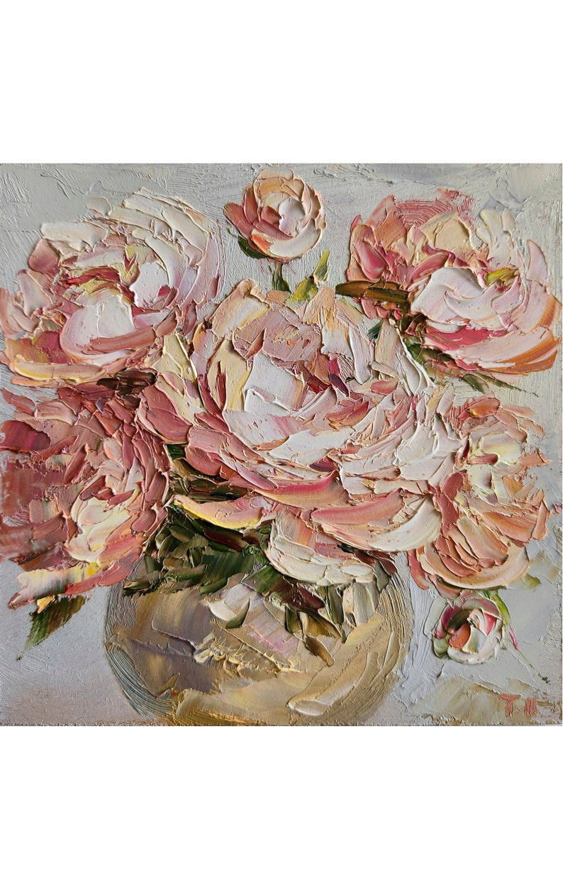 Impasto Pink Peony Oil Painting: Floral Wall Art (6x6 Inches) - Etsy
