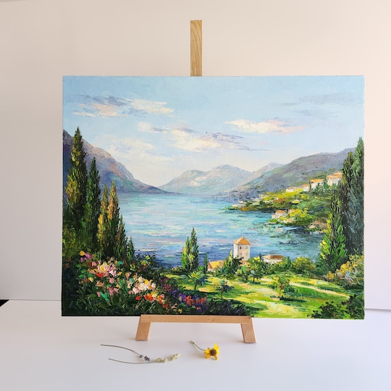 コモ湖の絵画、イタリアの風景、パレットナイフアートワーク（24x30