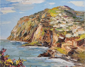 Madeira Seascape Painting, Impasto Oil Painting on Board, 10x10 inches