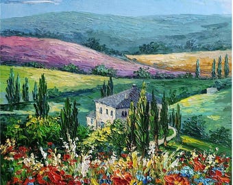 トスカーナの油絵：オリジナルのインパストアート、イタリアの風景