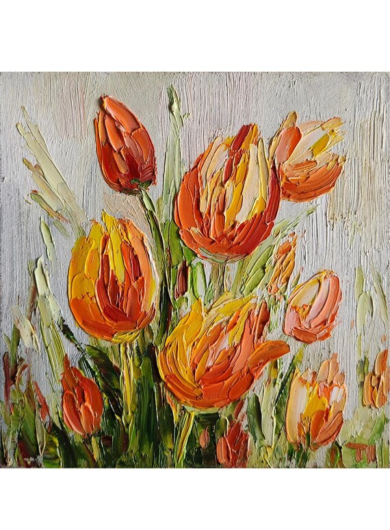 チューリップの油絵：カラフルな花のインパスト、6x6インチ - Etsy 日本