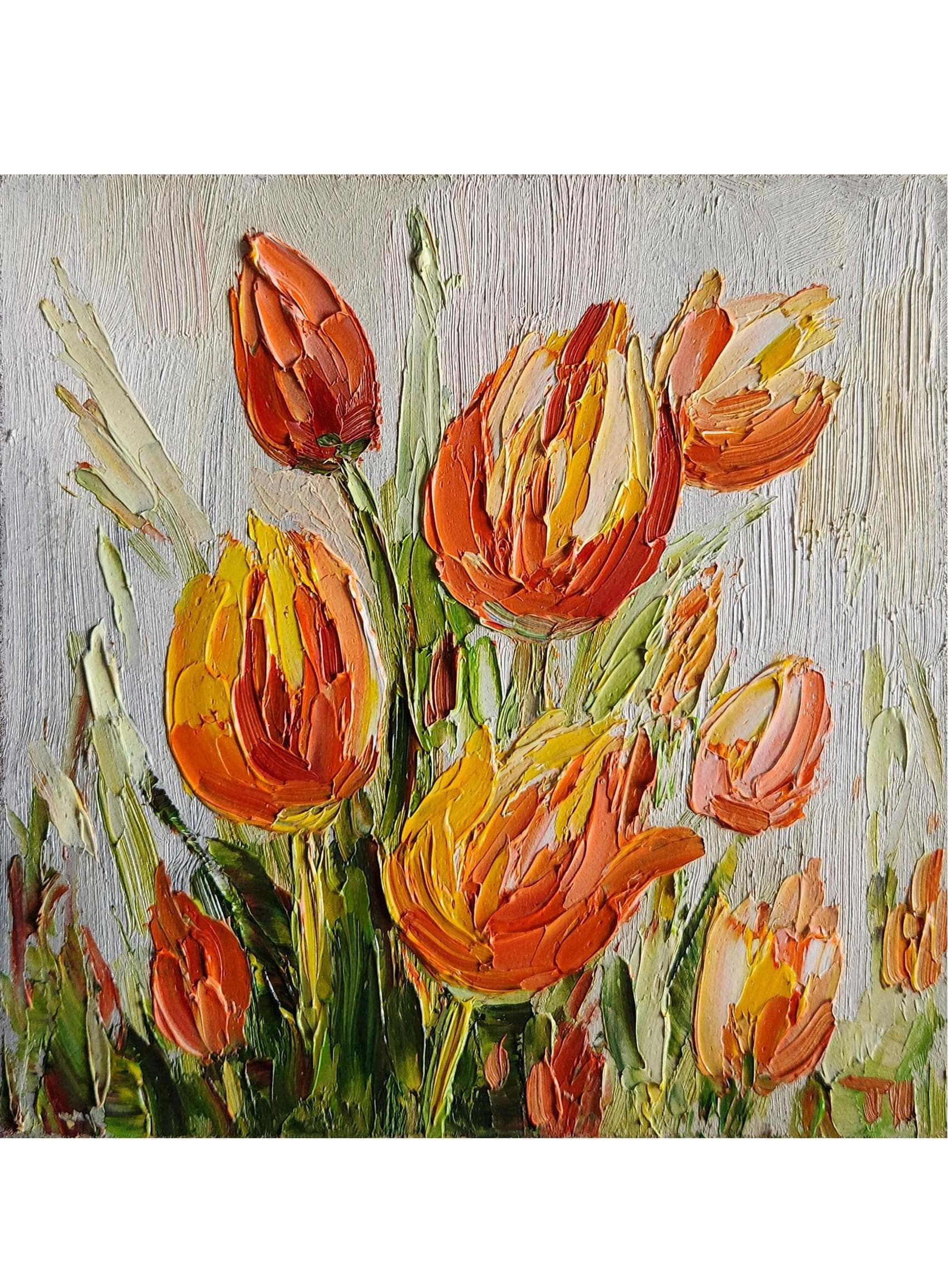 チューリップの油絵：カラフルな花のインパスト、6x6インチ - Etsy 日本