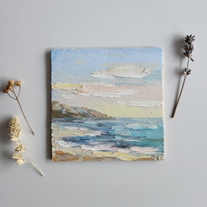 Seascape Pintura Praia Paisagem Pequeno Impasto Pintura Original Seascape Arte Da Parede Do Berçário 4 por 4 polegadas