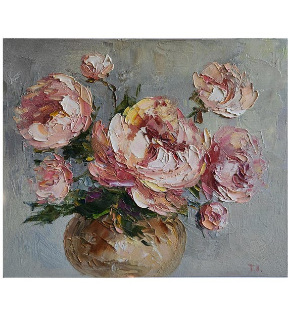 Rosa Pfingstrose Ölgemälde, Impasto Blumenstillleben, 10x12
