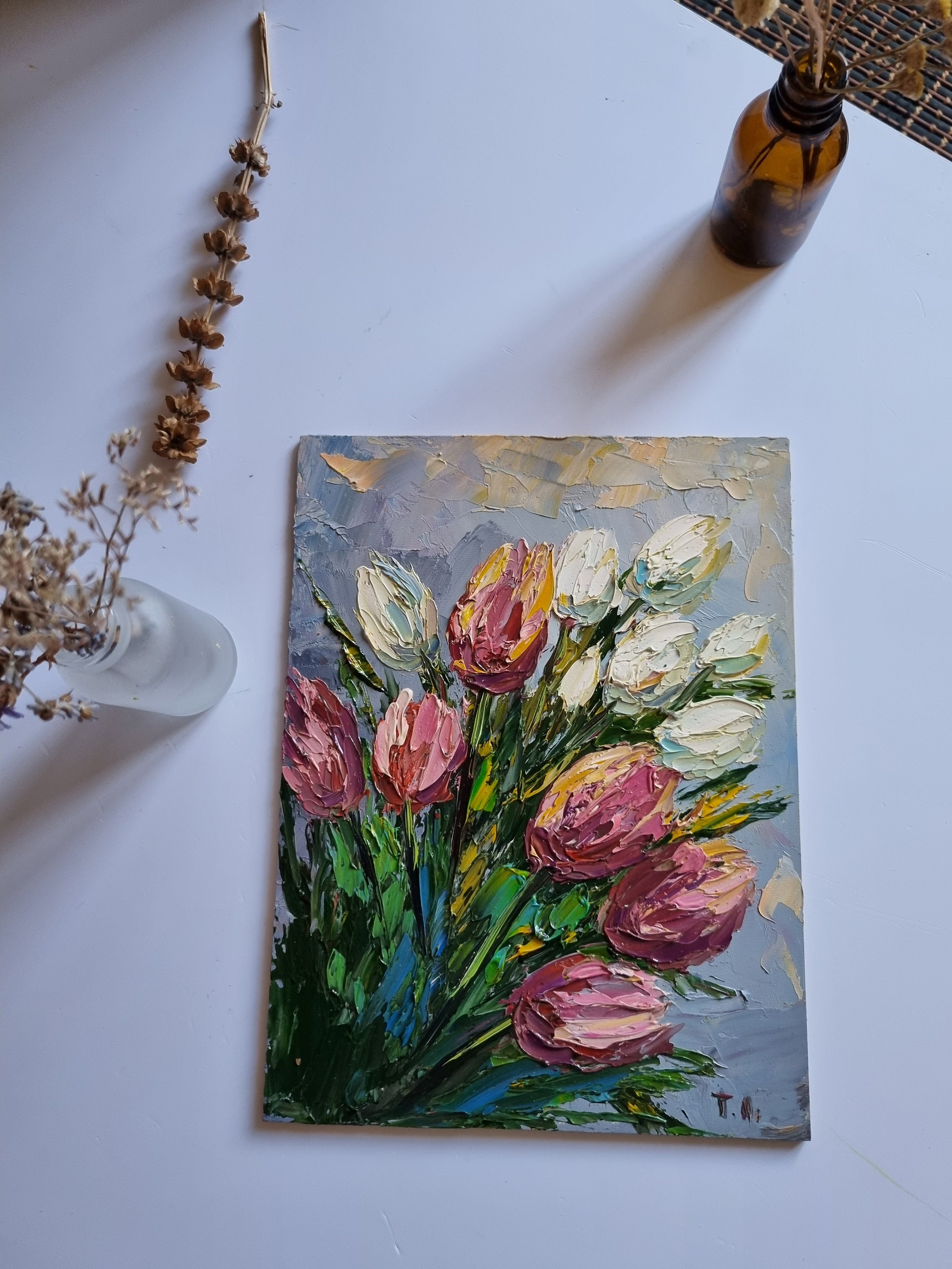 インパストチューリップ油絵、赤と白の花のアート（8 x 6インチ