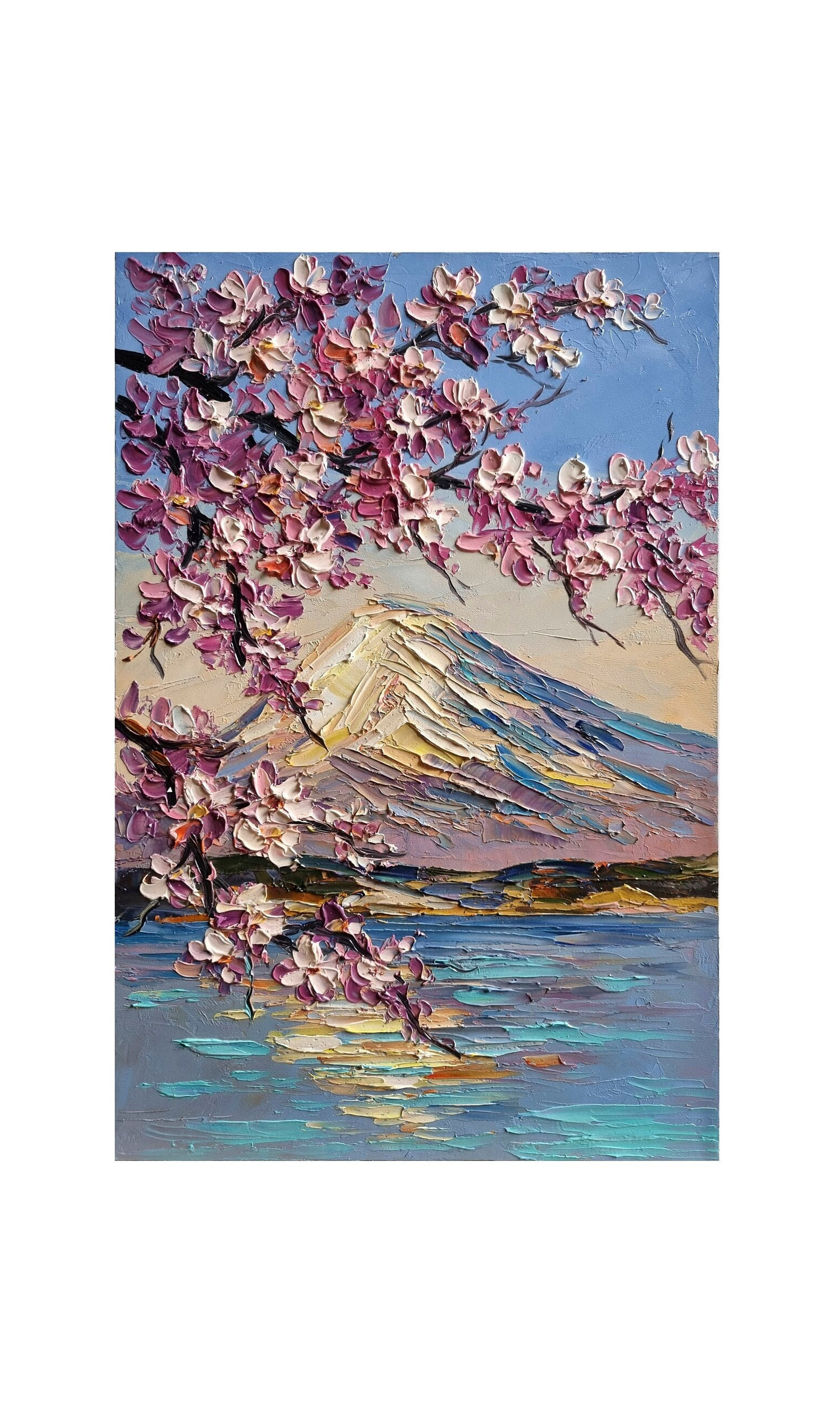 辰　oilpainting from Japan Sakura Painting: Impasto Mountain Landscape, Japan Art (12x8