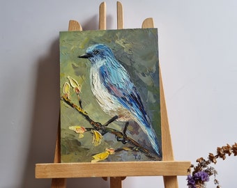 青い鳥の油絵、かわいい静物画、モダンな室内装飾（8 x 6インチ