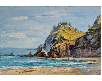 Dipinto a olio sulla costa dell'Oregon, paesaggio marino del Pacifico, arte murale (8x12)