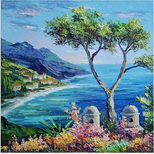 Ravello Villa Rufolo Painting Red Poppies in Tuscany Italy Seascape Italy Wall Art Mountain Art Wall Art 13 by 13 inches