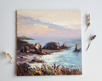 Dipinto a olio sul tramonto sulla costa dell'Oregon, paesaggio marino con spatola 8x8