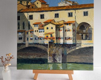 フィレンツェのヴェッキオ橋の油絵：イタリアの街並みの壁画（13 x 13