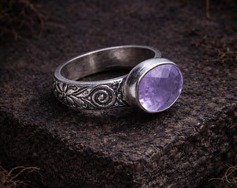 Amethyst Ring – Sterling Silver Floral Band – Handmade Purple Gemstone Ring