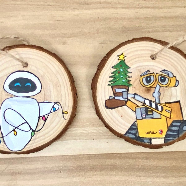 Custom Christmas ornament, Hand painted Disney inspired wooden ornament, Wall-E and Eve wood ornament, Personalized gift, Family ornament