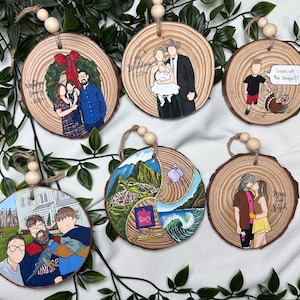 May include: Six round wooden ornaments with painted designs. The ornaments feature a family portrait, a wedding scene, a landscape, a couple, a child with a turkey, and a house with people.