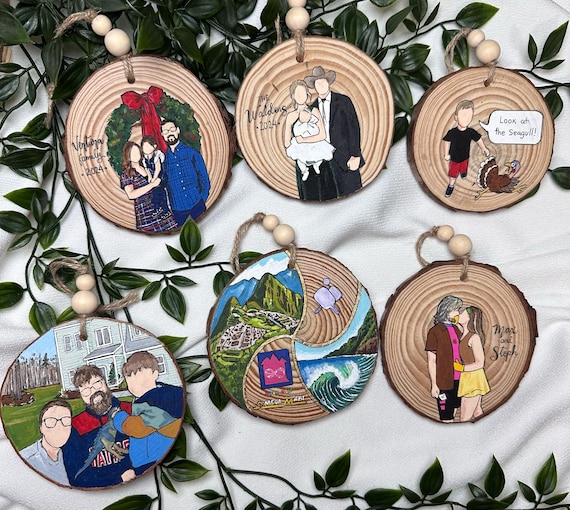Hand Painted & Personalized Faceless Ornaments, Family Friend portrait, wood ornament, Minimalist Custom Ornament