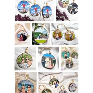 May include: A collection of 10 round wood ornaments with painted images of couples and families. Each ornament has a string and wooden bead for hanging. The ornaments are painted with various scenes, including a couple on a mountain, a family at a lake, and a couple with a dog.