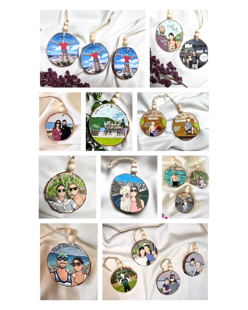May include: A collection of 10 round wood ornaments with painted images of couples and families. Each ornament has a string and wooden bead for hanging. The ornaments are painted with various scenes, including a couple on a mountain, a family at a lake, and a couple with a dog.