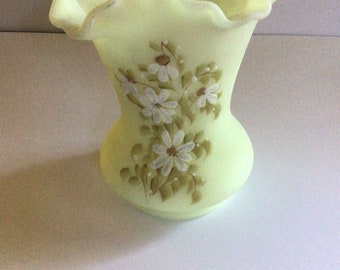 Fenton Butterflies Floral Silvercrest Milk Glass Vase Signed Louise Piper  1977