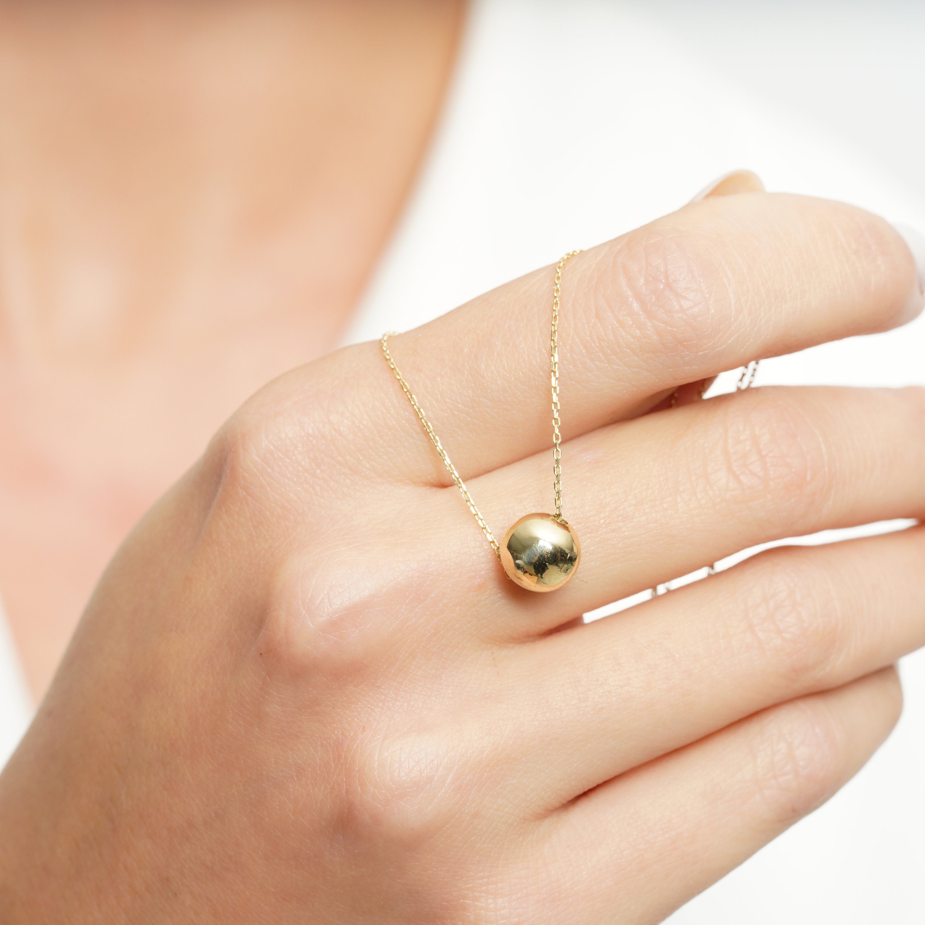 14K Solid Gold Simple Ball Necklace Floating Yellow Solid Etsy UK