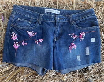 Embroidered Denim Shorts - Etsy Australia