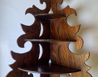Vintage cottage corner wall shelf: 3 tier display trinket shelf, handmade minimalistic tiger oak