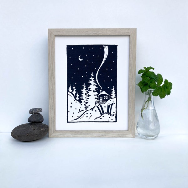 Snowy Yurt Linocut | yurt and evergreen trees in winter | Night snow | ski image | hut trip picture | Mountain snow carving | Linocut print