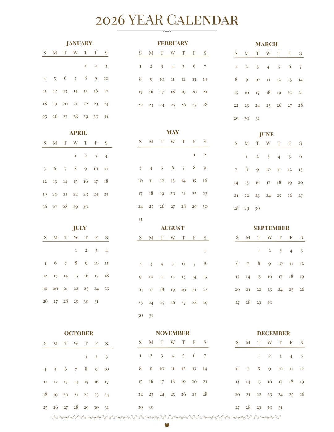 Year at a Glance Calendar | Minimal 2026 Calendar Printable | Digital ...