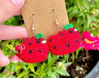 Strawberry chicken earrings | Crochet jewelry | Amigurumi accessory | Farm girl jewelry