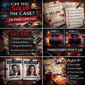 Puede incluir: Un gráfico temático de crimen con el texto "CAN YOU SOLVE THE CASE?" y "24-PAGE CASE FILE." La imagen incluye documentos, fotos de la escena del crimen y un coche por la noche. También está presente el texto "TIMESTAMPS DON'T LIE".