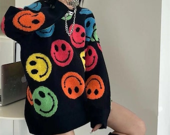 Women Smile Face Sweater Jumper Black, Emoji Face Sweatshirt, Knitted Tunic Pullover, Sweater Gift For Her