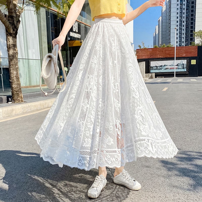 Women Lace Long Skirt Women Lace Full Skirt Women Beige - Etsy